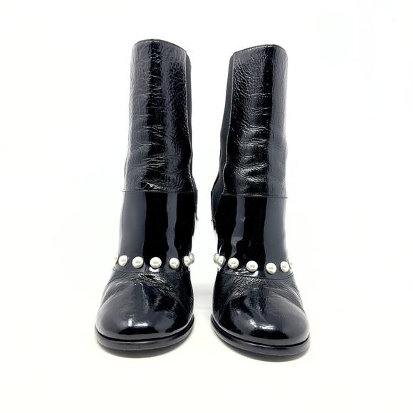 Chanel Boots CC LOGO Pearl Black Leather Mid Calf Chelsea Platform Heel Shoes 39 - Picture 4 of 11